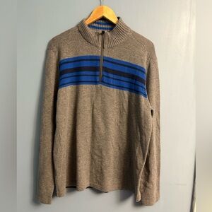 Eddie Bauer Men's Zip-Up Sweater in Tan with Blue Stripes